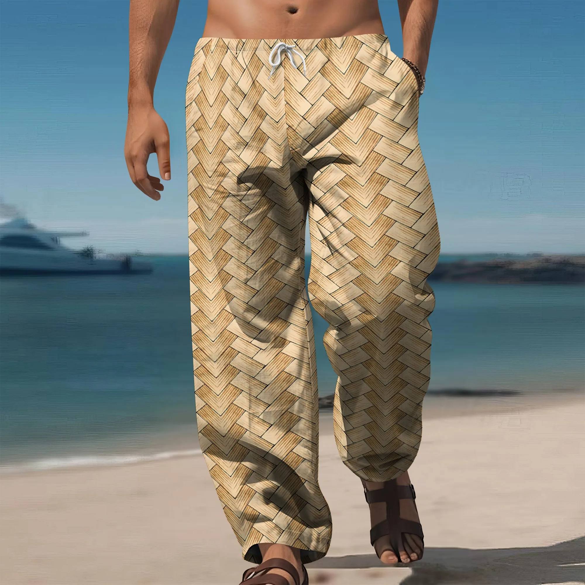 

YEAE Woven Texture Print Pants for Men Summer Casual Loose Drawstring Trousers