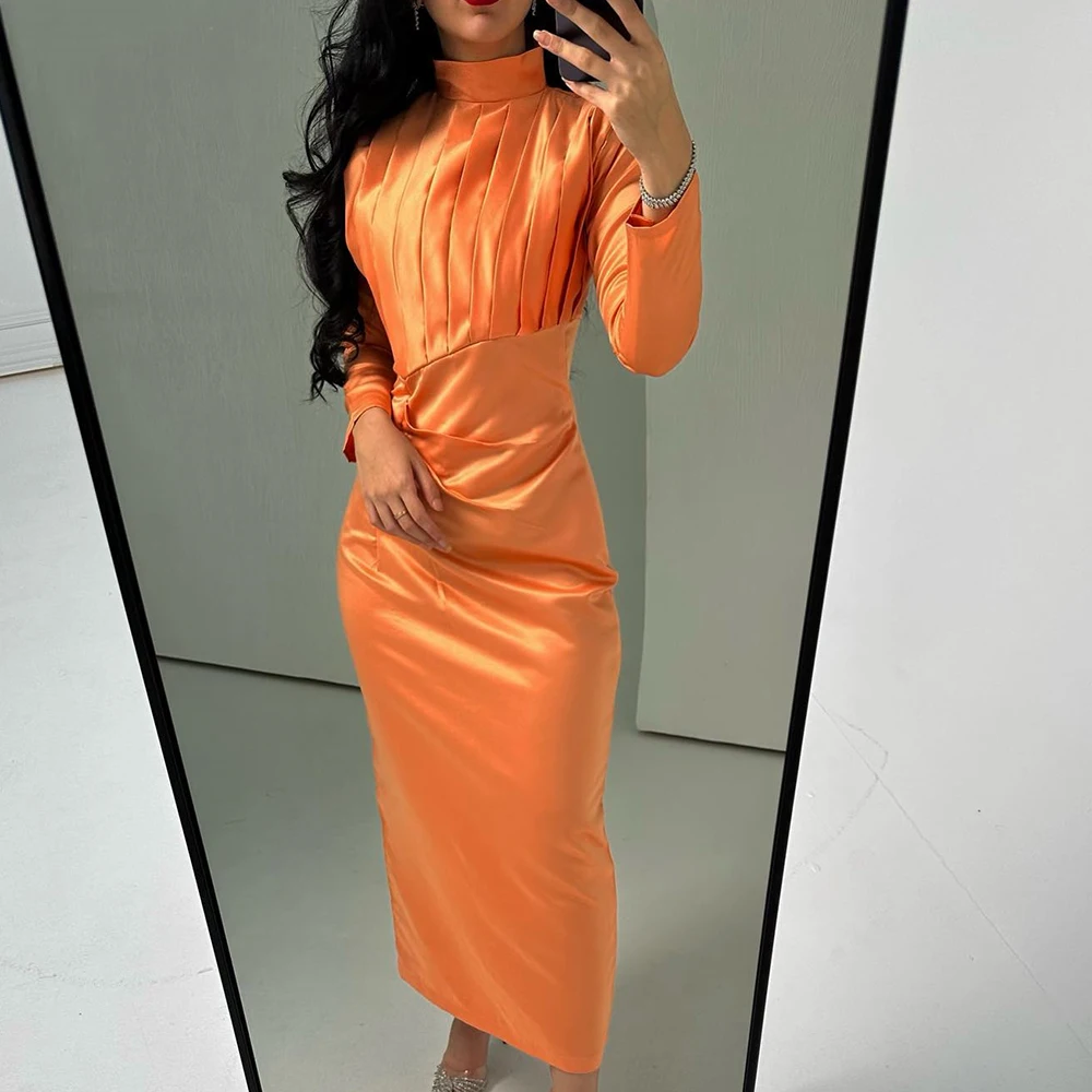 Customized Temperament Satin Straight Evening Dress Fashion Long Sleeves Floor Length High Collar vestidos para mujer