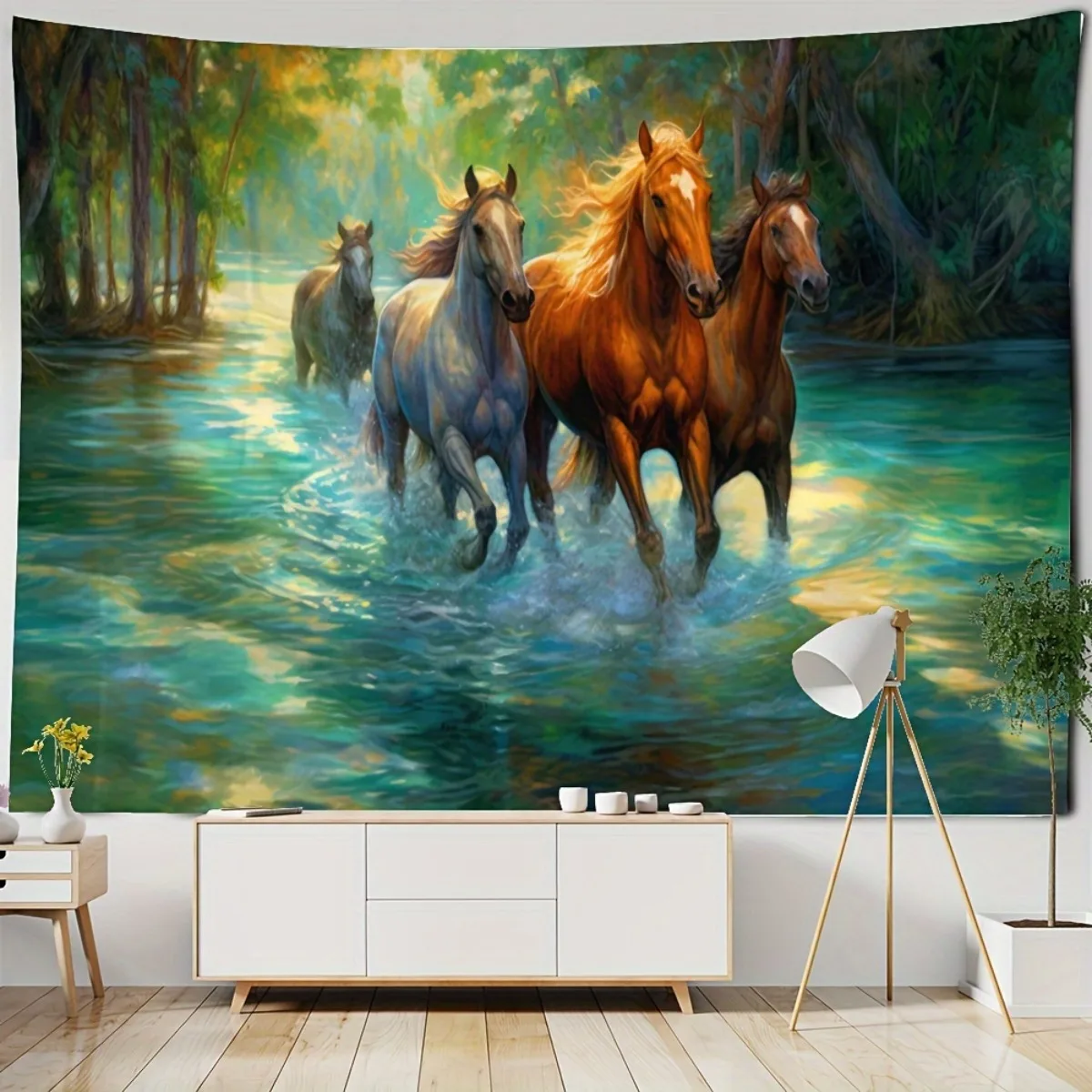 Majestic Tapestry Horses Galloping in Jungle River Wall Art Decor Tropical Fantasy Wildlife Mural 180x280cm
