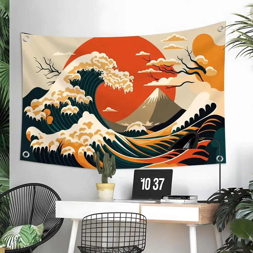 Japanese Style Wave Flags Custom Wall Hanging Background Art Banner For Bedroom Home Living Room Outdoor Decor