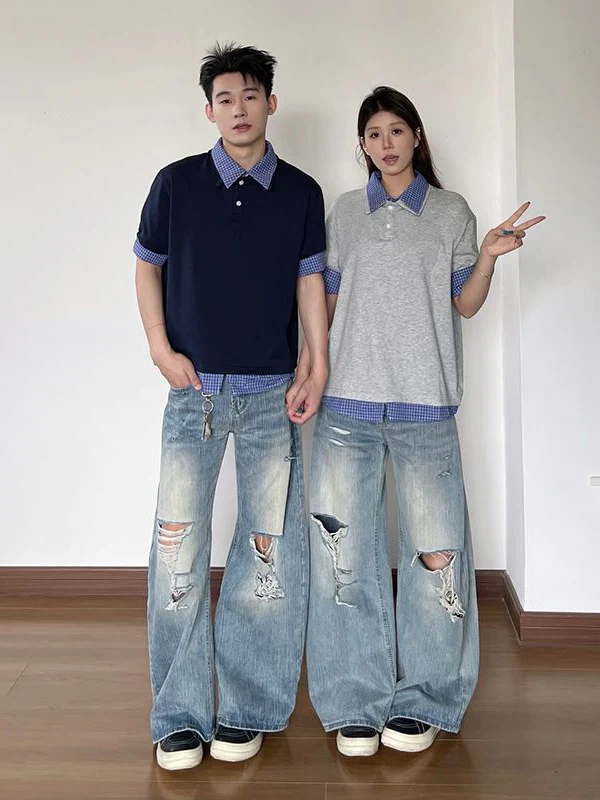 

Летние тонкие мужские джинсы с широкими штанинами, узором «бамбуковый узел», с большими рваными элементами, в стиле ретро, американские, со средней высотой талии, прямого кроя, повседневные брюки