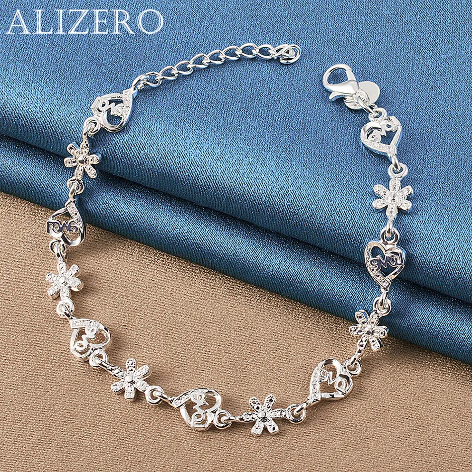 ALIZERO 925 Sterling Silver Flowers LOVE Heart Bracelet for Women Wedding Engagement Accessories for Daily Wear Jewelry Gift