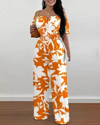 Rompers 2024 Summer Printed One Piece Wide Leg Jumpsuit Women Sexy Off Shoulder High Waist Elegant Overalls Office Lady