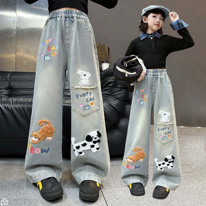 Autumn Teen Girls Towel Embroidery Dog Jeans Junior Kids Spring Wide-leg Denim Pants School Childen Street Trousers Clothes