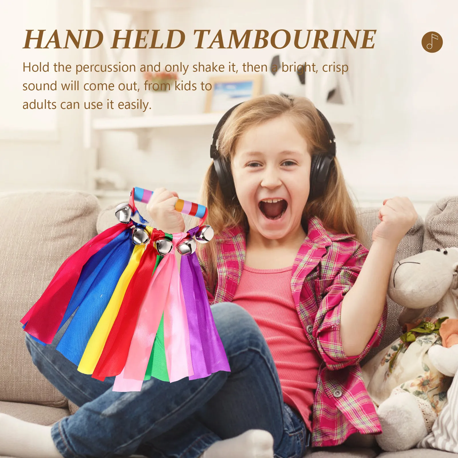 2Pcs Rainbow Ribbon Handheld Tambourine Jingle Bells Percussion Instrument Party Music Education Rhythmic Dance Accessories