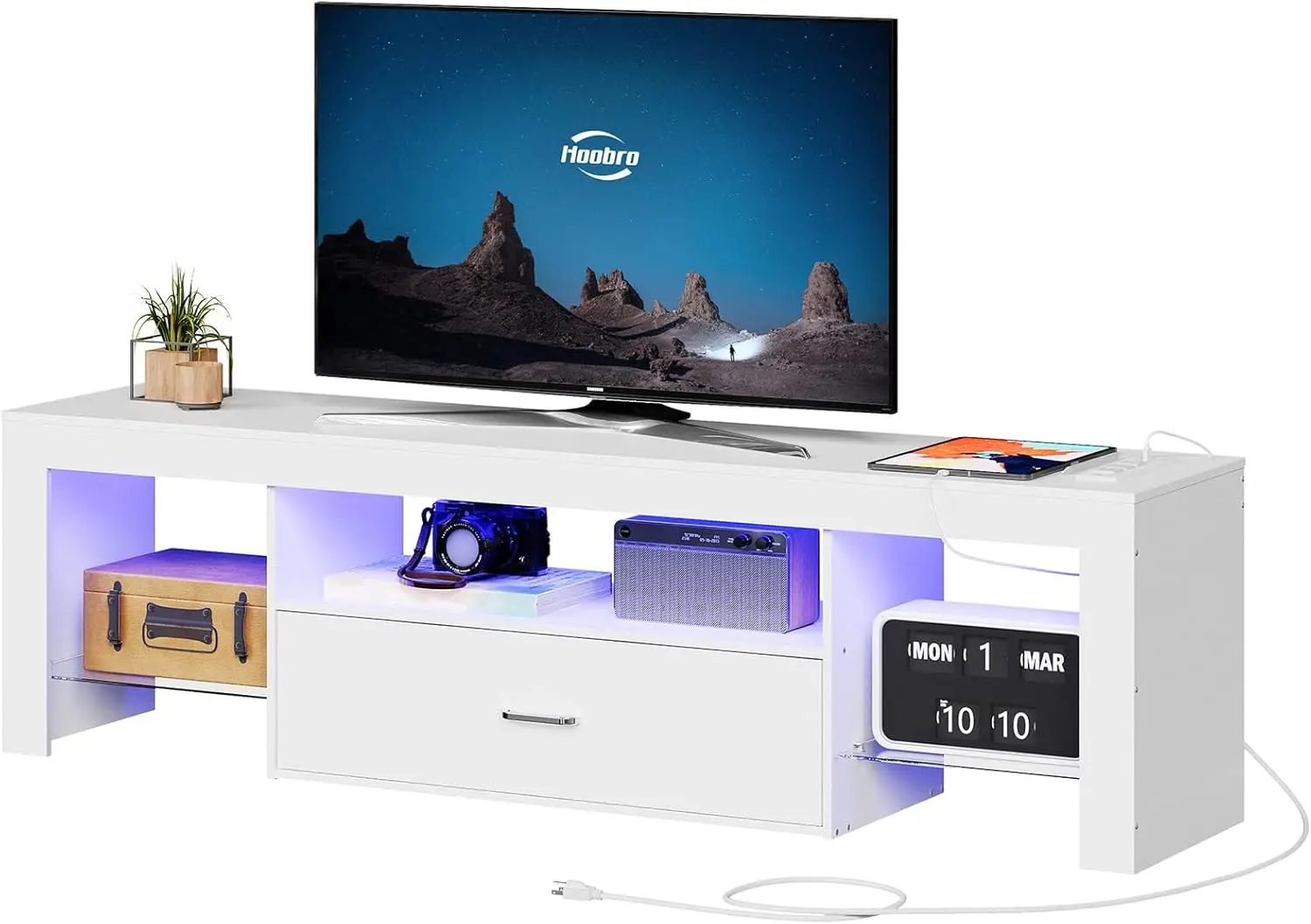 

LED TV Stand with Power Outlets for 65' TV, Modern Media Console with Glass Shelves and Drawer, White