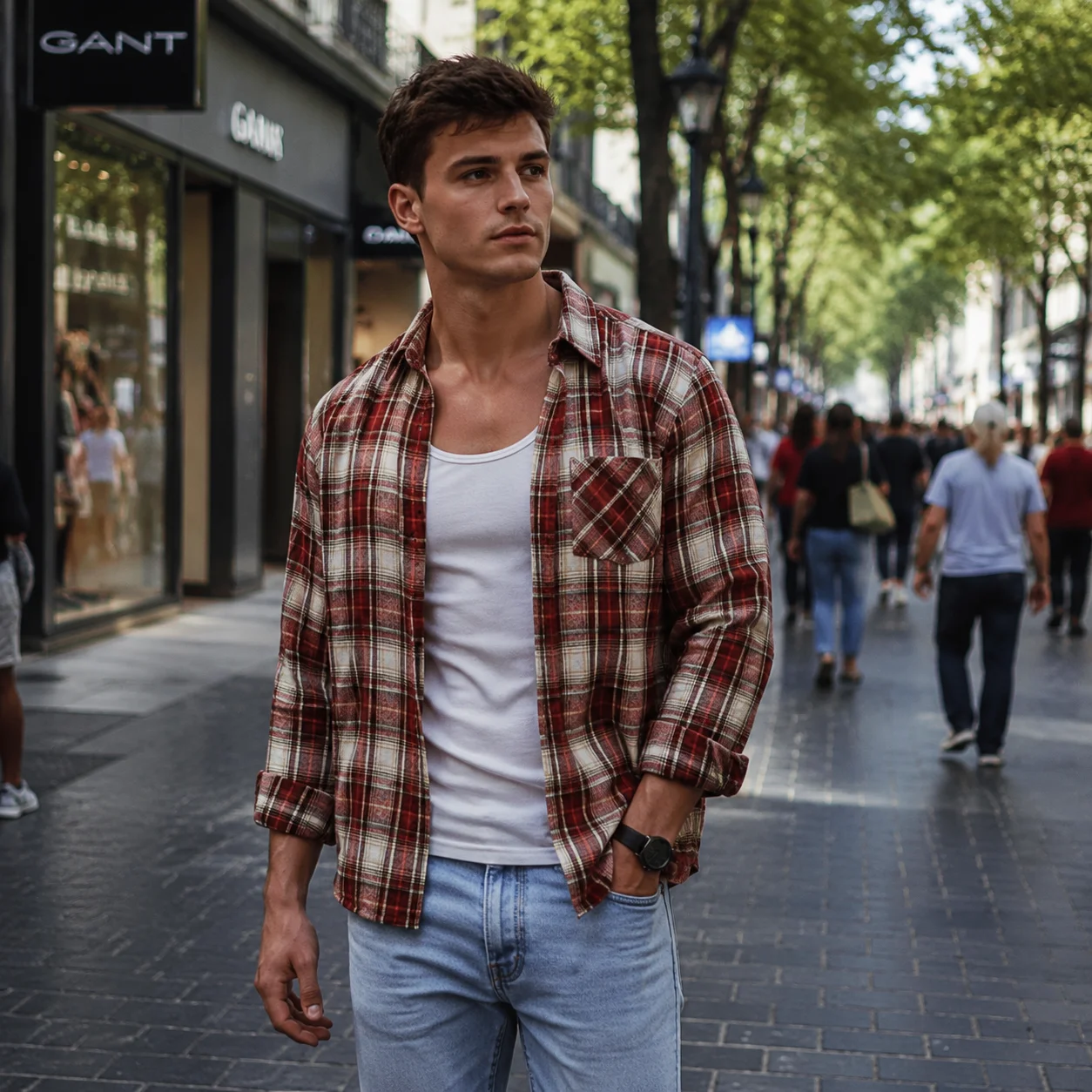 Long Sleeve Streetwear Men's Red Plaid Shirts Spring Autumn Brushed Red Plaid Business Leisure Flannel No iron Blouses Shirt Men