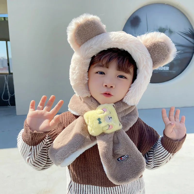 Autumn and Winter NEW Children's Hats Scarves and Masks Three-piece Plush Warm Baby Ear Protection Cap Plush Hat