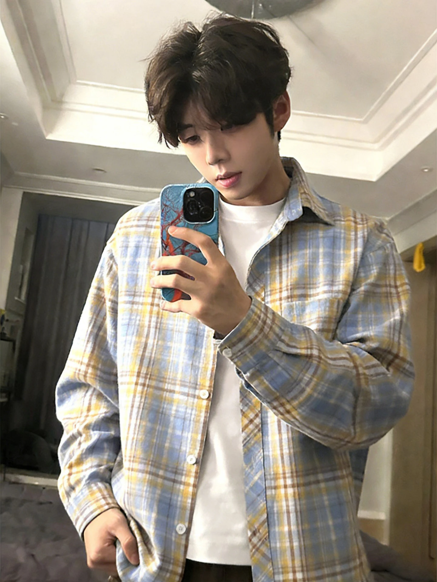 

Retro American Plaid Shirt Men's Long Sleeve High Street Spring Autumn Trendy Brand Couple Outerwear Breathable Polyester Fiber