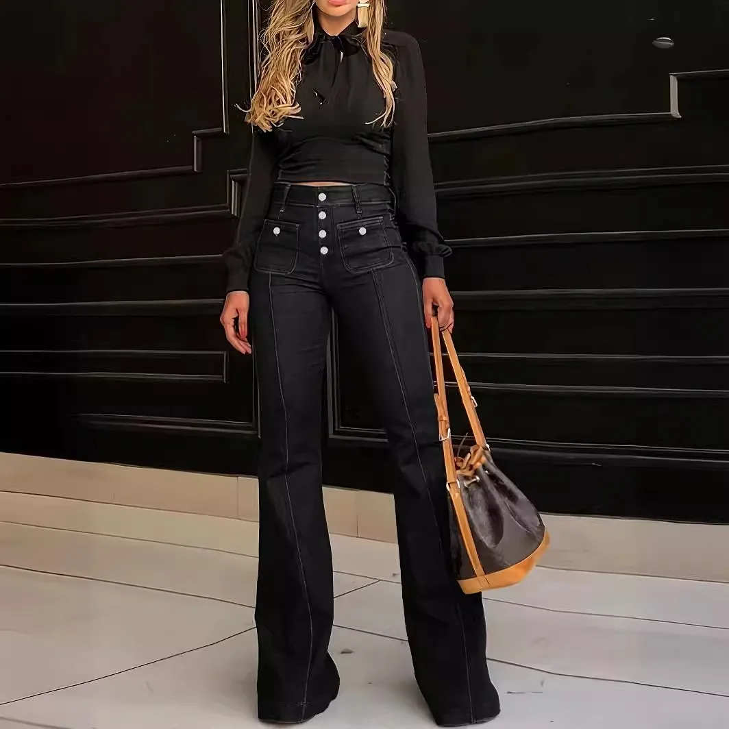 Button Fly High Waist Jeans American European Style with Long Length Flared Leg Full Length High Waist Flared Jeans for Women