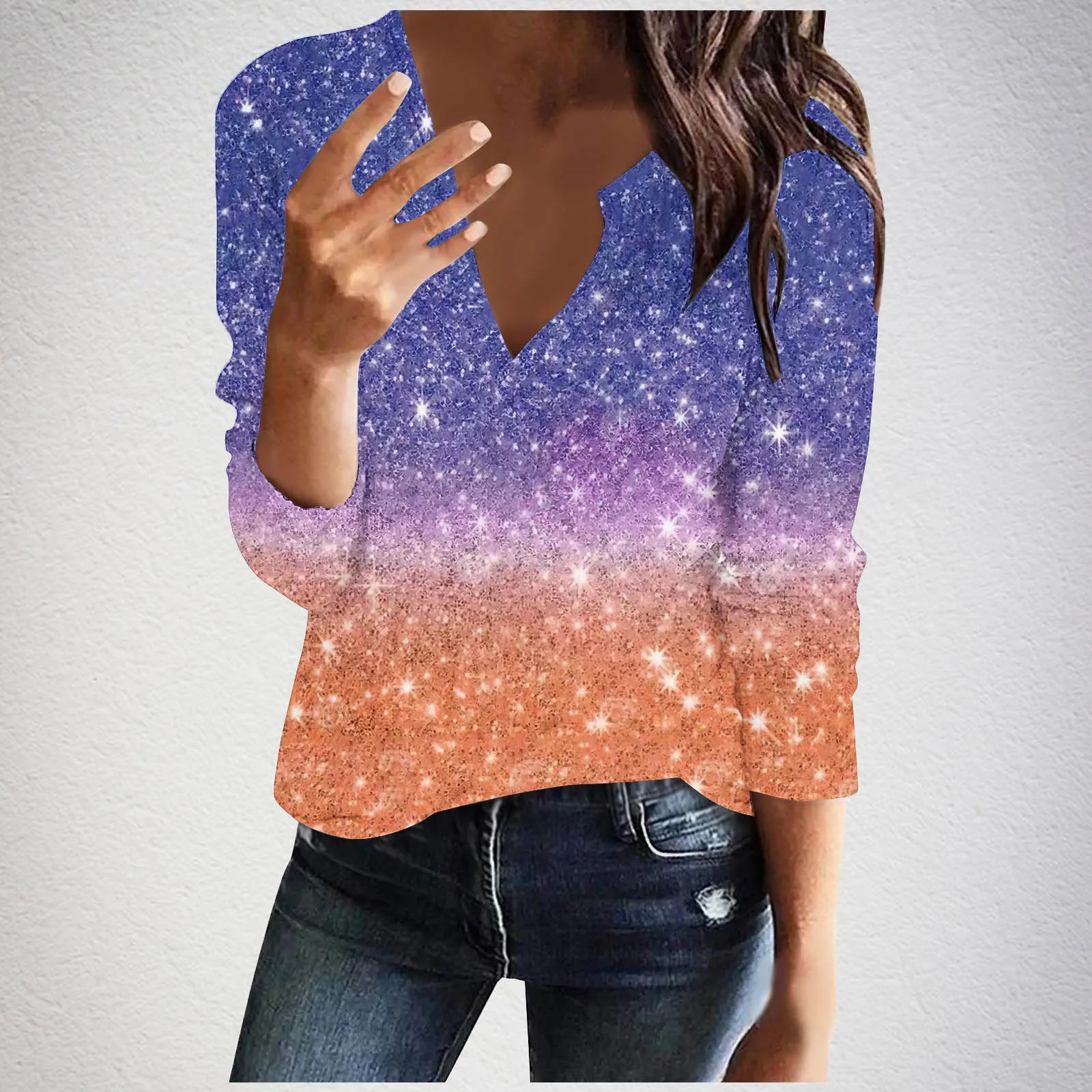

Shiny Gradient Color Women's Sweater Fashion Personality Design Women Sense Long Sleeve V-neck Clothing 2024 Autumn Street Top
