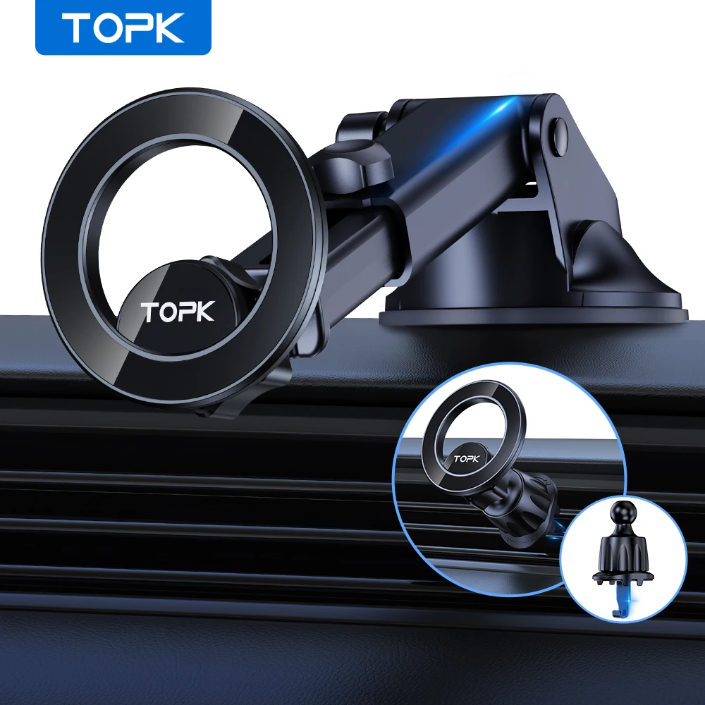

TOPK Suction Cup Magnetic Car Phone Holder Universal Mount for Air Vent & Dashboard Windshield Hands Free Stand for Magsafe