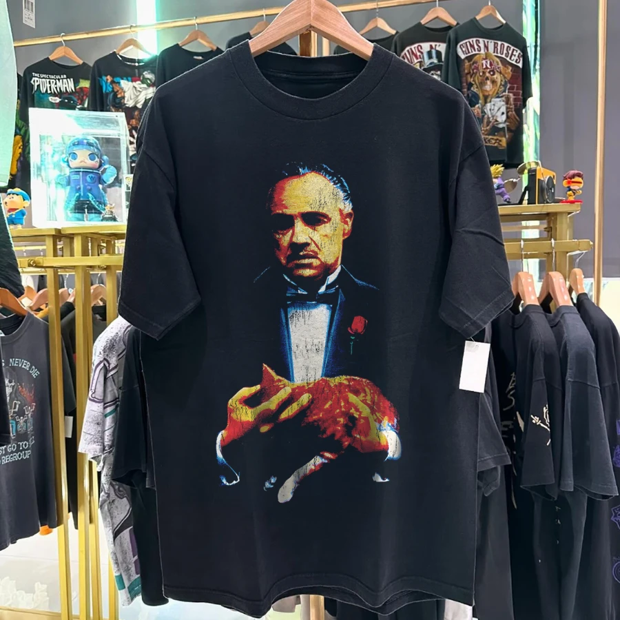 Don Corieone The Godfather Promo Rare Washed Black T-Shirt Y2K Style Underground Print Loose Retro Summer
