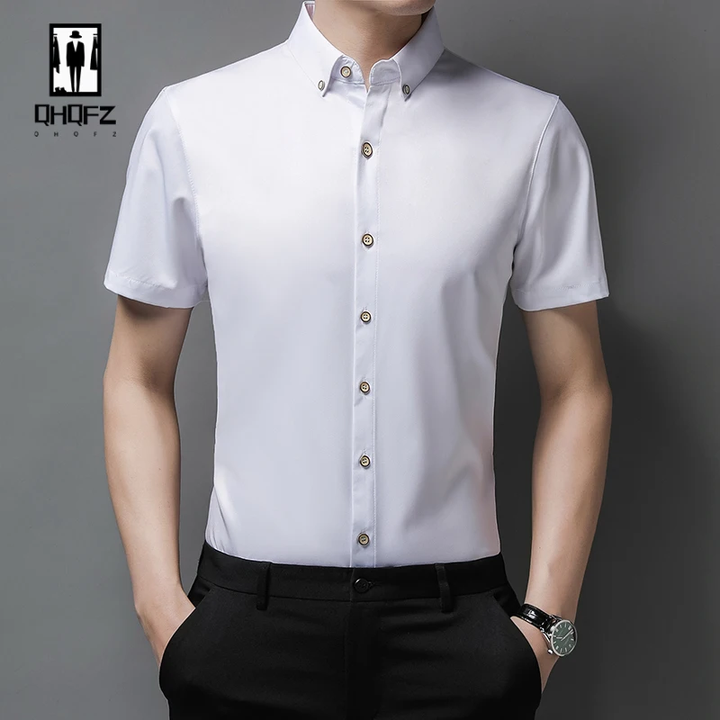 New Men's Casual Solid Color Short Sleeved Lapel Shirt for Summer Fashion Comfort No Ironing Wrinkle Resistant Top