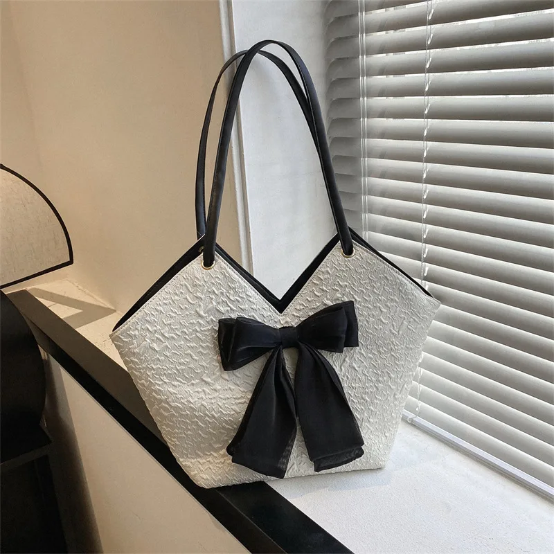 Large Capacity Handbag For Women New Fashion Simple Women's Bag Western Style Pleated Bow Knot Casual One Shoulder Tote Bag