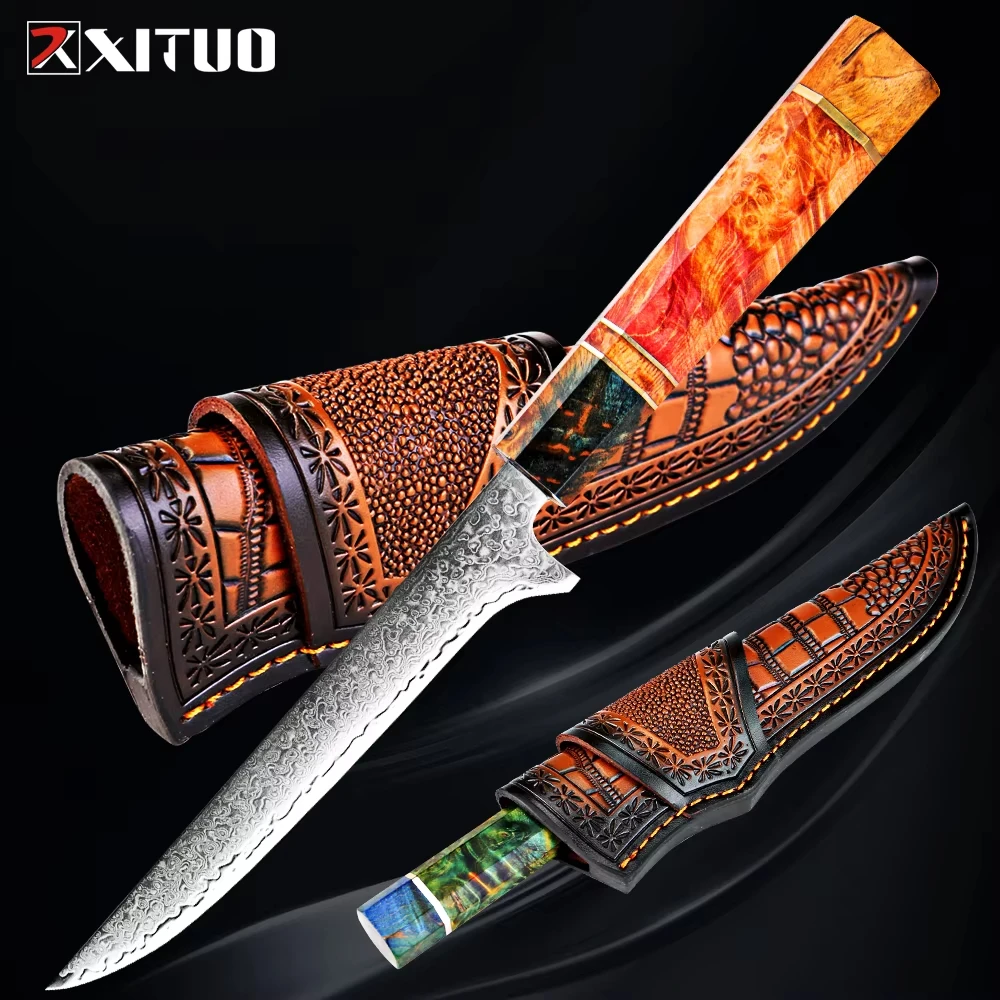 Professional Boning Knife Japanese Damascus Steel Kitchen Deboning Knife Fish Killing Knife Sashimi Knife with Leather Sheath