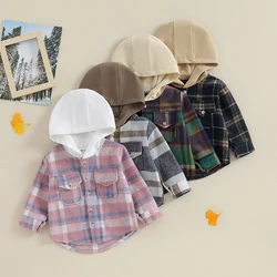 Lioraitiin Toddler Girl Boy Flannel Plaid Jacket Baby Long Sleeve Button Down Hooded Shirt Buffalo Shacket  Fall Winter Clothes