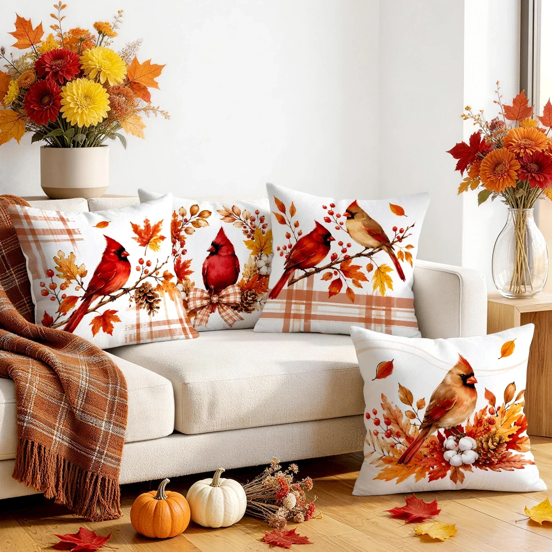 Cardinal Maple Leaf Plaid Cushions Pillowcase Polyester Cushion Cover Throw Pillow Pillowcover Home Car Sofa Decor
