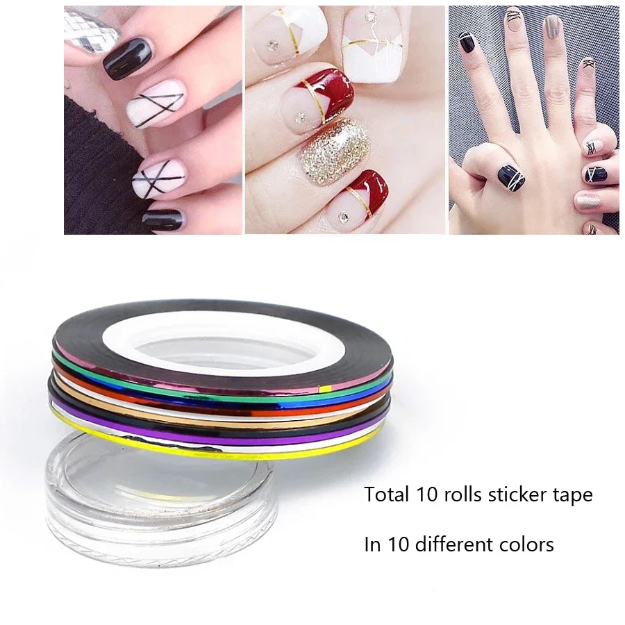 10 rolek taśm do zdobienia paznokci 1 mm, samoprzylepne naklejki do stylizacji i zdobienia paznokci.