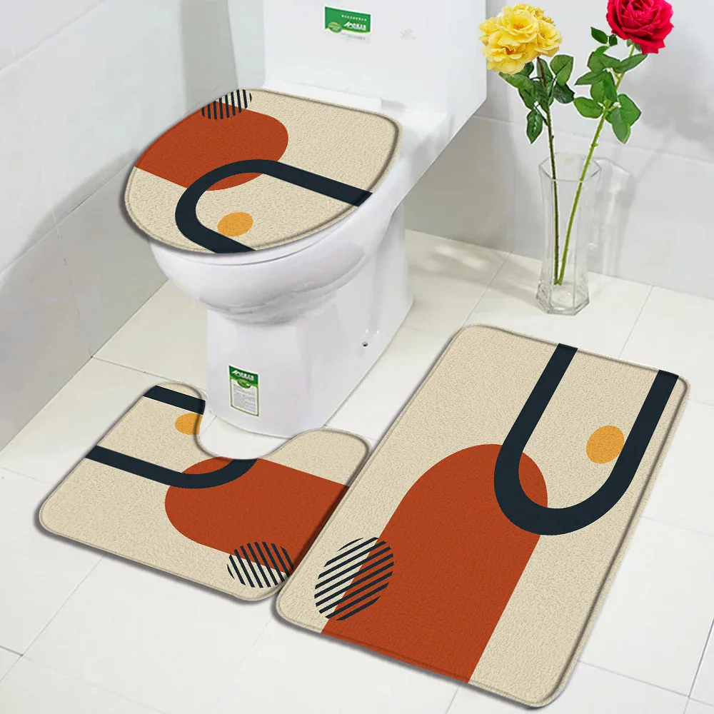 Creative Geometric Bath Mat Set Abstract Mid Century Boho Aesthetic Art Pattern Carpet Bathroom Decor Floor Rug Toilet Lid Cover