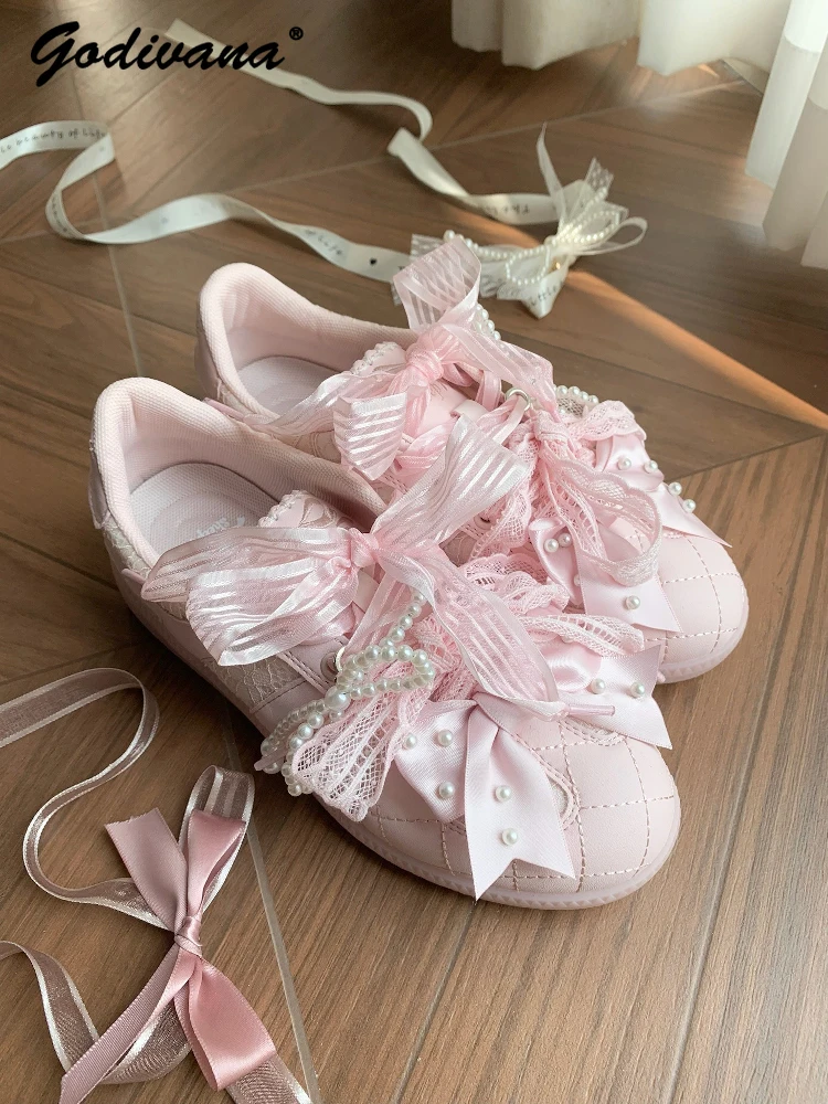 

Original Ballet Style Lo Training Shoes Sweet Pink Bow Lace-up Student Girls Sneakers Soft Women's Casual Sports Shoes