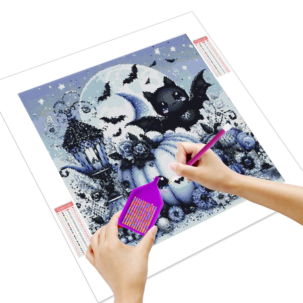 HUACAN 1pcs Diamond Painting Kawaii Bat and Pumpkin Fantasy Scene Canvas Rhinestones 5D DIY Diamond Embroidery Kits Decor