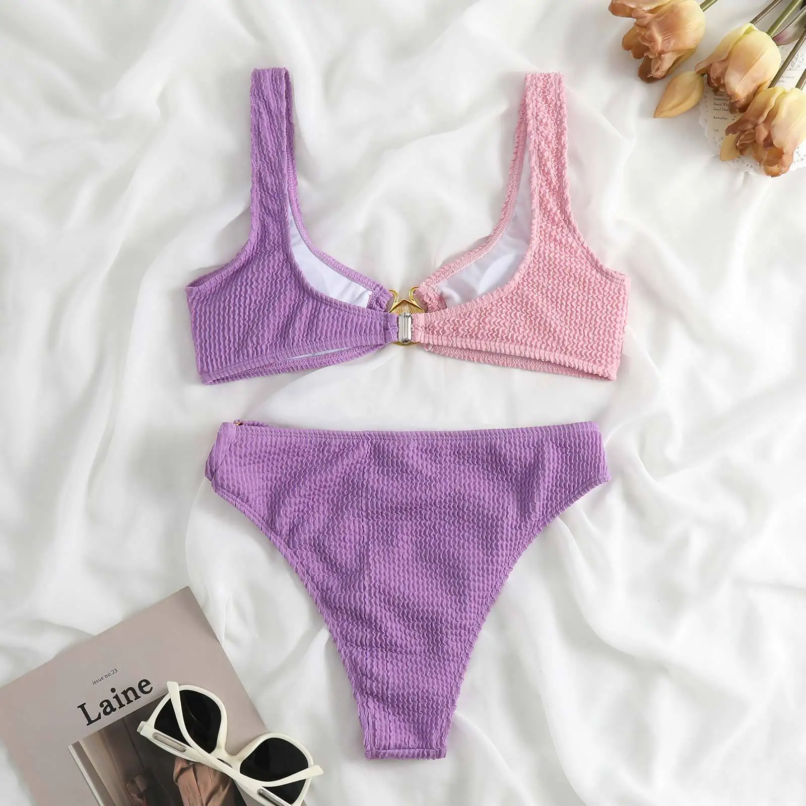 Strapless Bandeau Bikini Set Women Swimwear 2023 New Beach Bathing Suit Ribbed Push Up Bikinis Swimsuit Two Piece