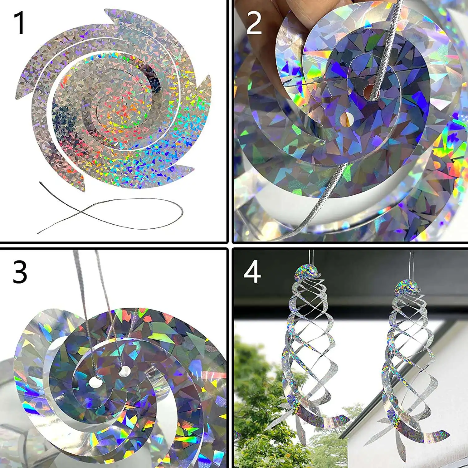 AB11-6 Pack Bird Repellent Spiral Reflectors Silver Mylar Spinner, Hanging Reflective Bird Deterrent Device Garden Decorative
