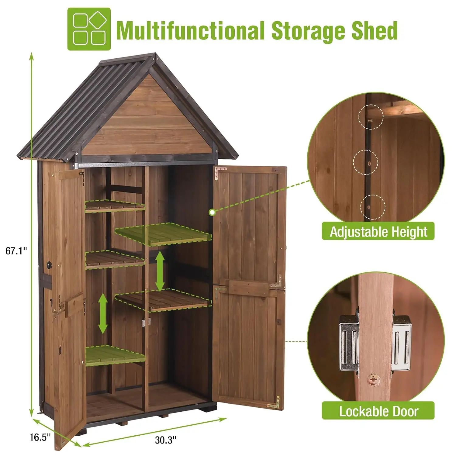 Outdoor Storage Shed with Strong Metal Frame, Garden Shed with Adjustable Shelfs and Waterproof Roof, Wooden Tool House