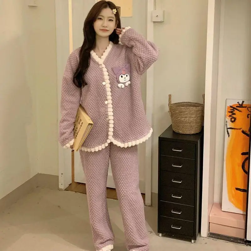 

New Kawaii Cute Sanrio Kuromi Pajamas Homewear Winter Thickening Coral Velvet Anime Cartoon Christmas Gift For Children