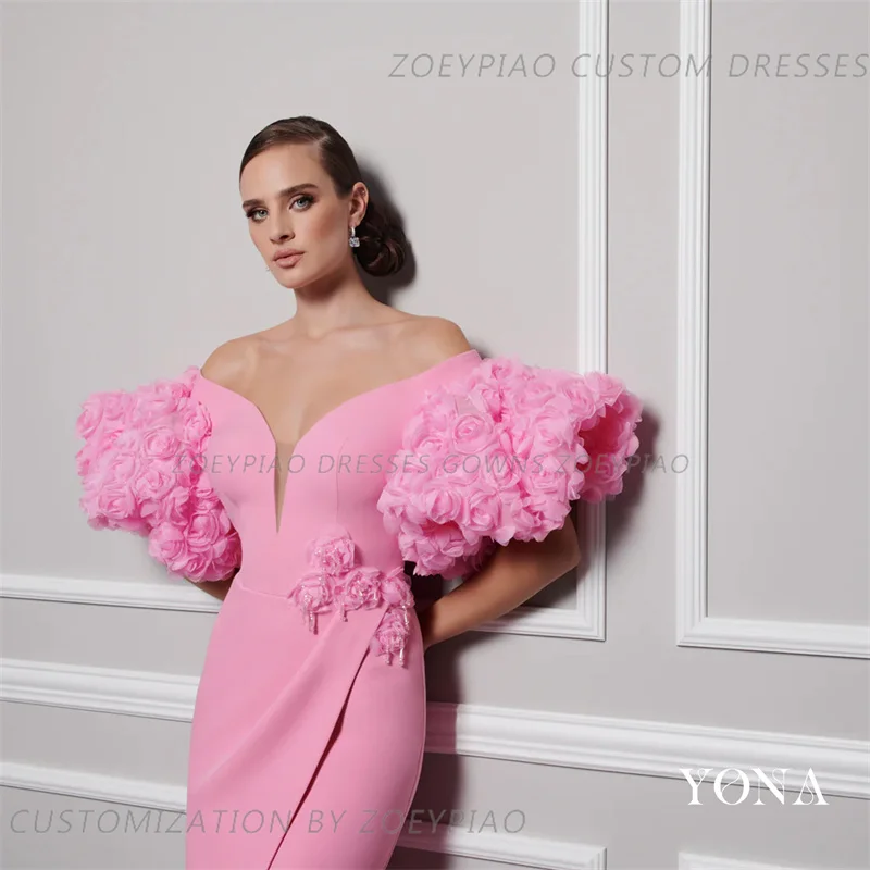 Vestidos de Noche de sirena con flores en 3D, vestidos plisados de encaje con hombros descubiertos y lentejuelas, vestido de fiesta de celebridades de satén de Arabia, moda rosa