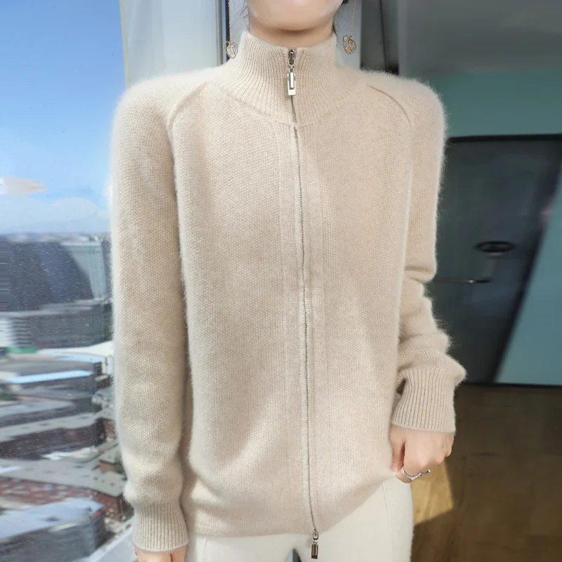 Otoño Invierno suéter grueso con cuello levantado y cremallera cárdigan suelto para mujer estilo occidental Top de lana de Color sólido Base de punto