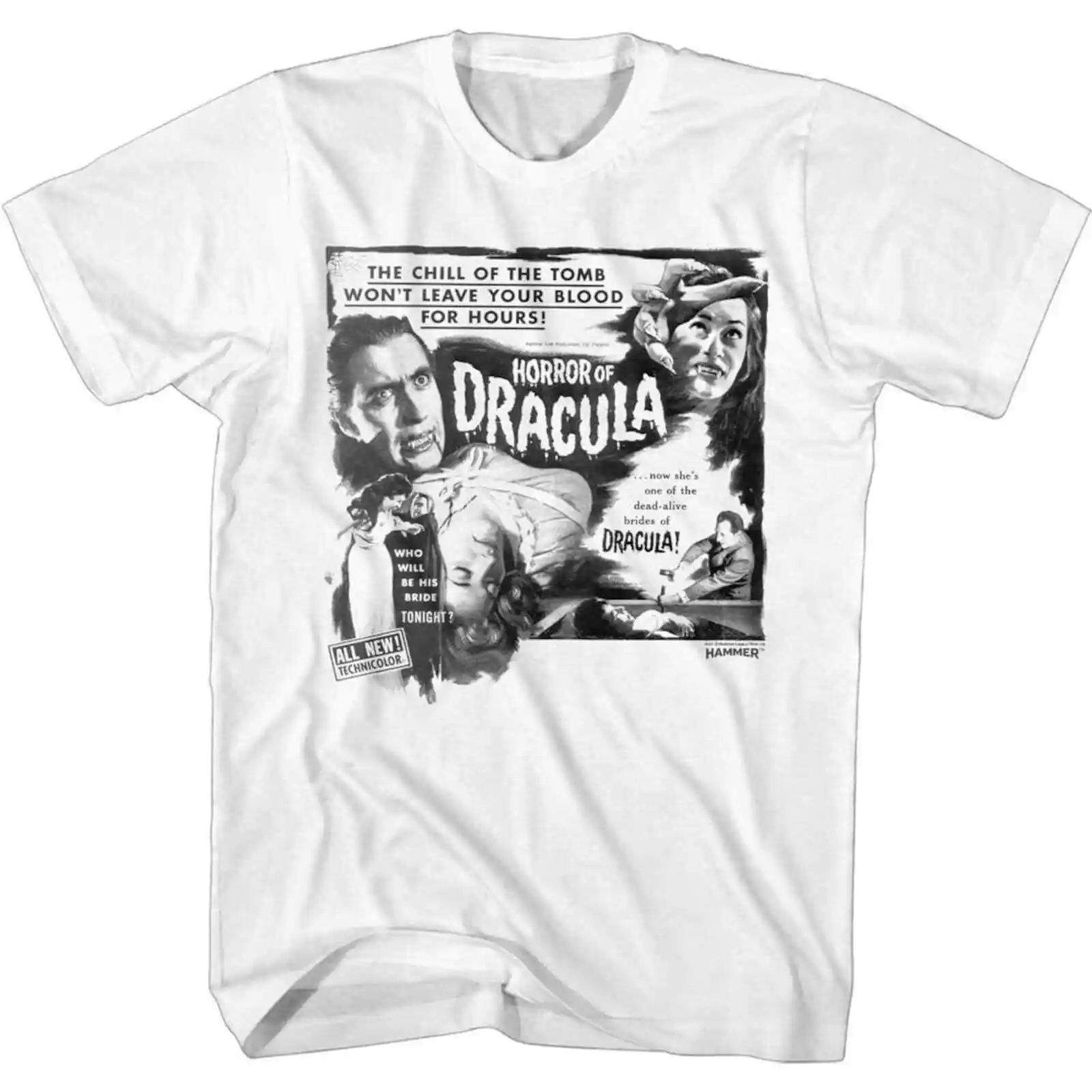 Hammer Horror B and W Horror of Dracula White Adult T-Shirt