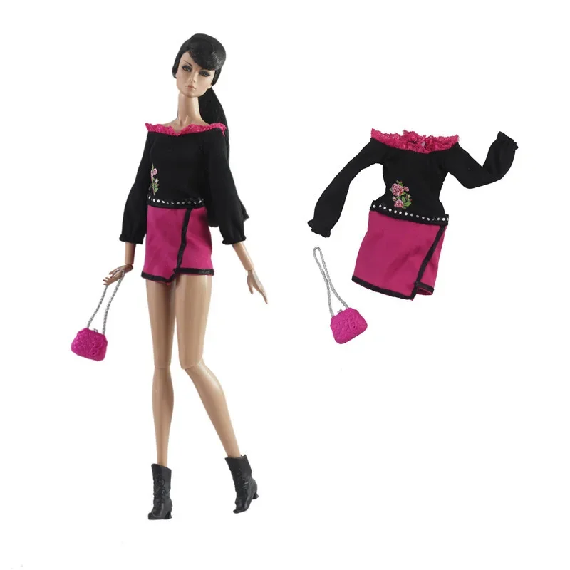 Classic Black Rosy Long Sleeve Dress 1/6 BJD Clothes for Barbie Doll Clothes Outfits Handbag 11.5