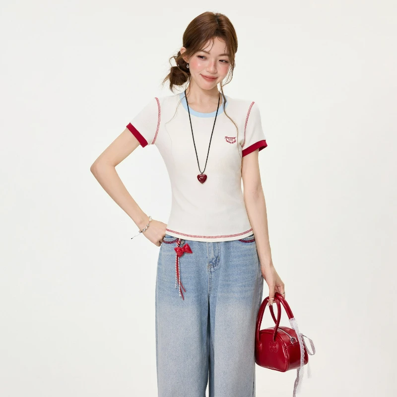 Apricot Round Neck Design Embroidered Contrasting Color Short Sleeved T-shirt for Women Summer Fashionable Slimming Short Top