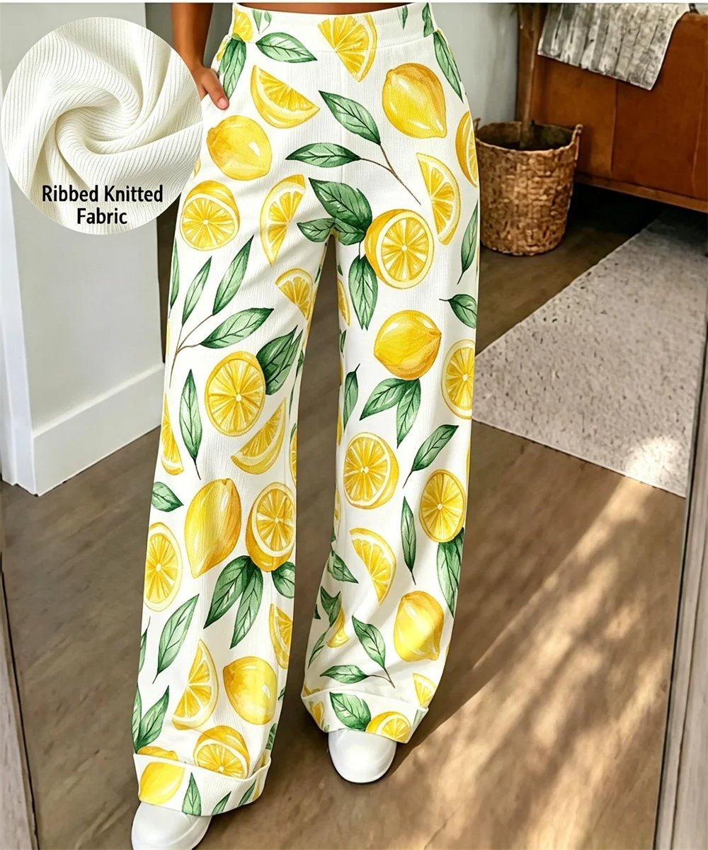2026 Autumn Women's New Watercolor Lemon Printed Casual Wide Leg Pants, Fresh Summer Vacation Style