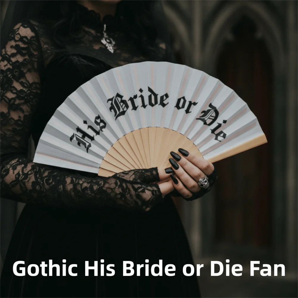 Vintage Gothic His Bride or Die Fan Large Folding Fan Halloween Black White Hand Fan Fan Crafts Handmade