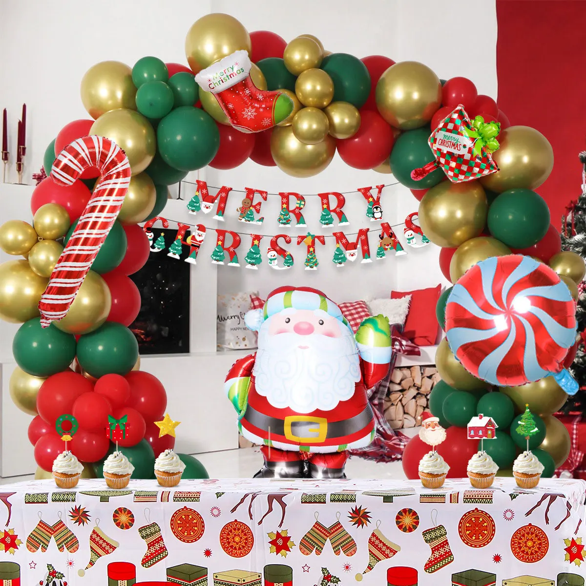 

Christmas Balloons Garland Arch Golden Red Green Ballon Santa Claus Foil Balloons Christmas Banner Door Cover Decor Supplies