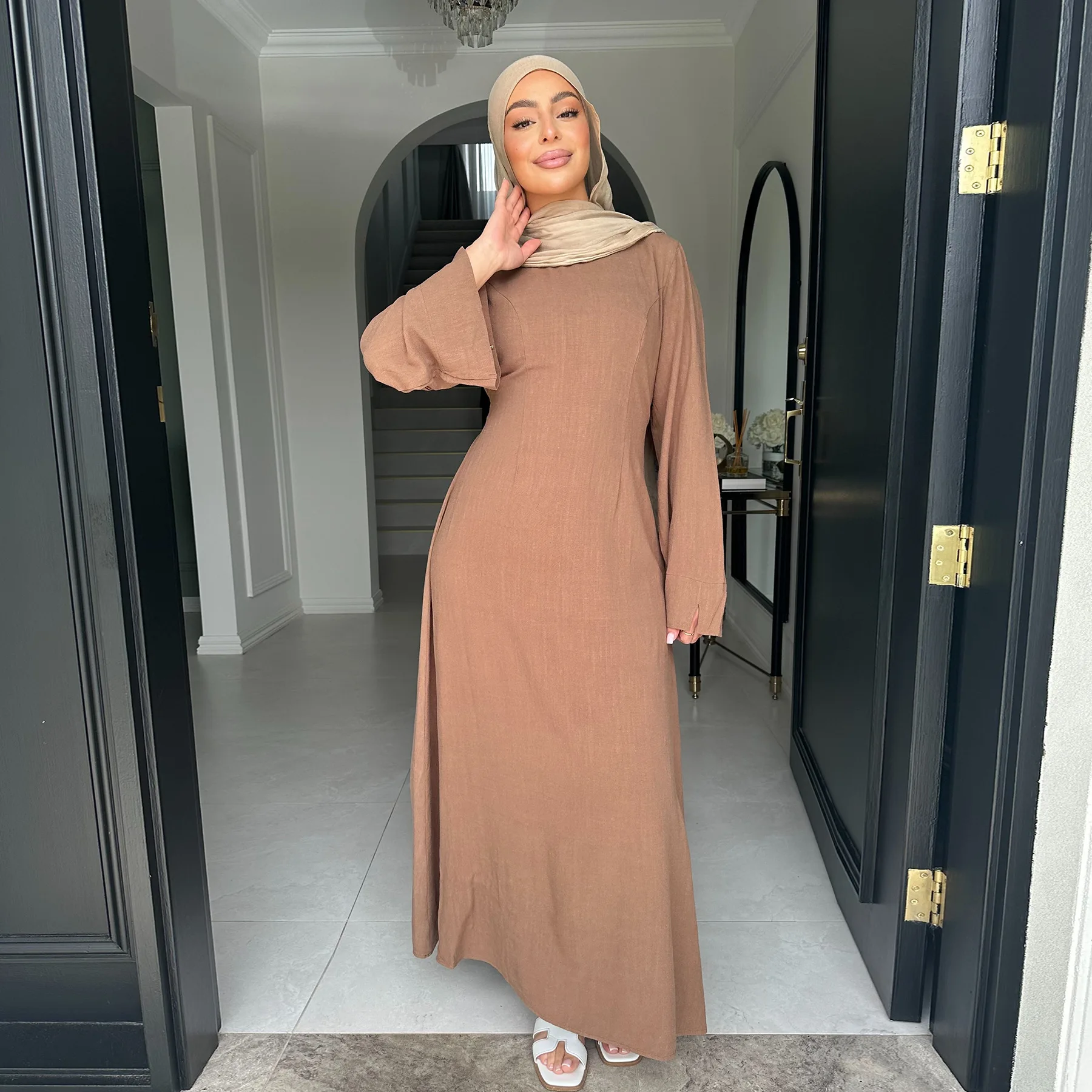 

Solid Muslim Dress Women Ramadan Abaya Khimar Jilbab Kebaya Kaftan Robe Lace-up Eid Hijab Dresses Dubai Kimono Islamic Clothing