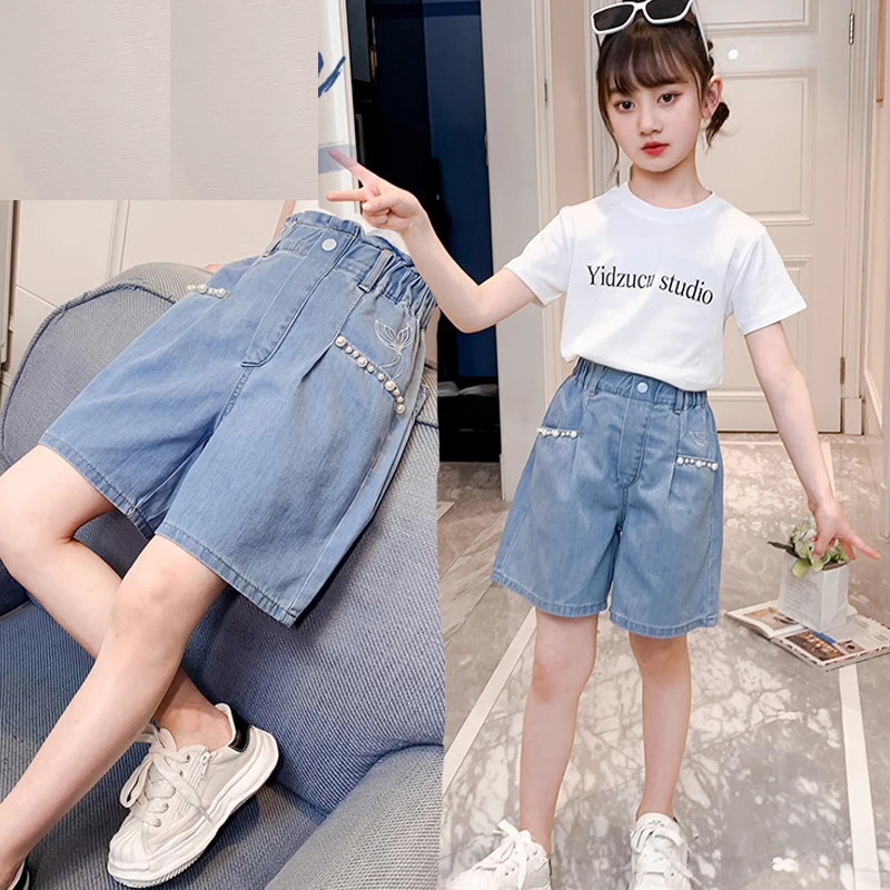 4-14 Years Teen Summer Girls Jeans Fish Tail Embroidery Short Denim Short Pants For Kids Pearl Decoration Children Trousers