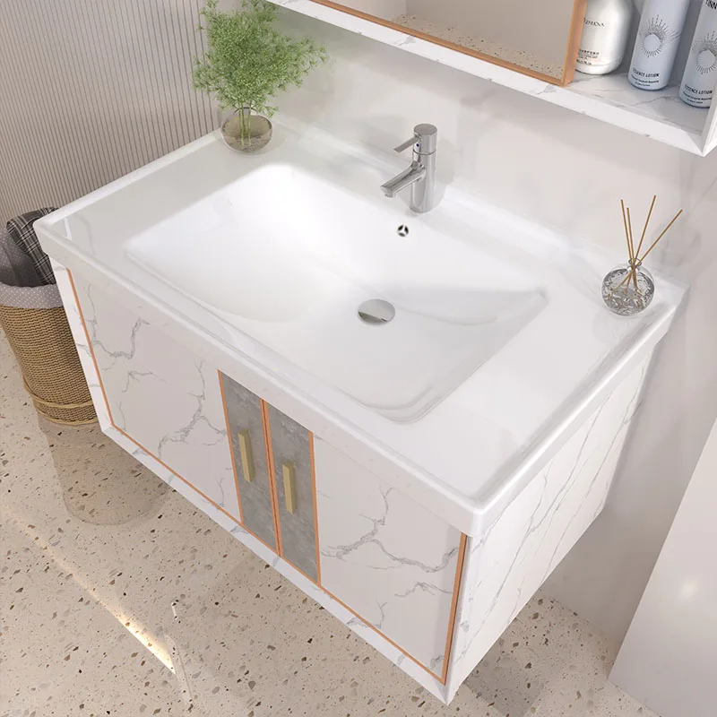 Mueble de baño de madera contrachapada con espejo, mueble con diseño de almacenamiento, lavabo, medicina, luz Led