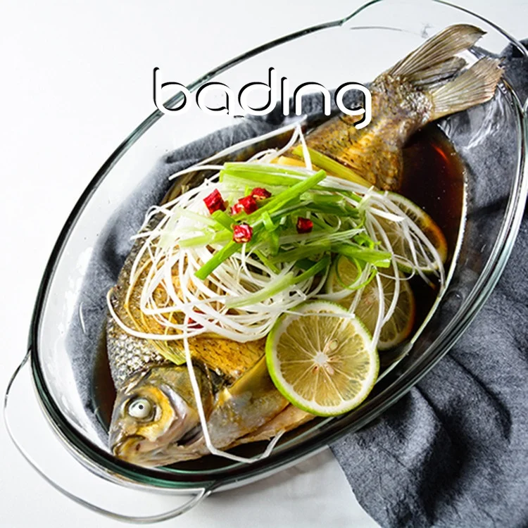 

Thickened Heat Resistant Glass Fish Plate Oval Shape Microwave Safe Steamed Fish Dish Salad Partition Bowl Nordic Style