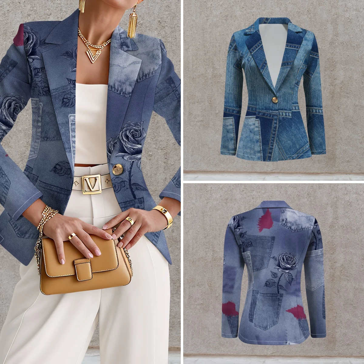 

Элегантное вязаное пальто с принтом для женщин — кардиган с длинными рукавами и лацканами с вырезом, повседневная куртка в стиле блейзера 2026