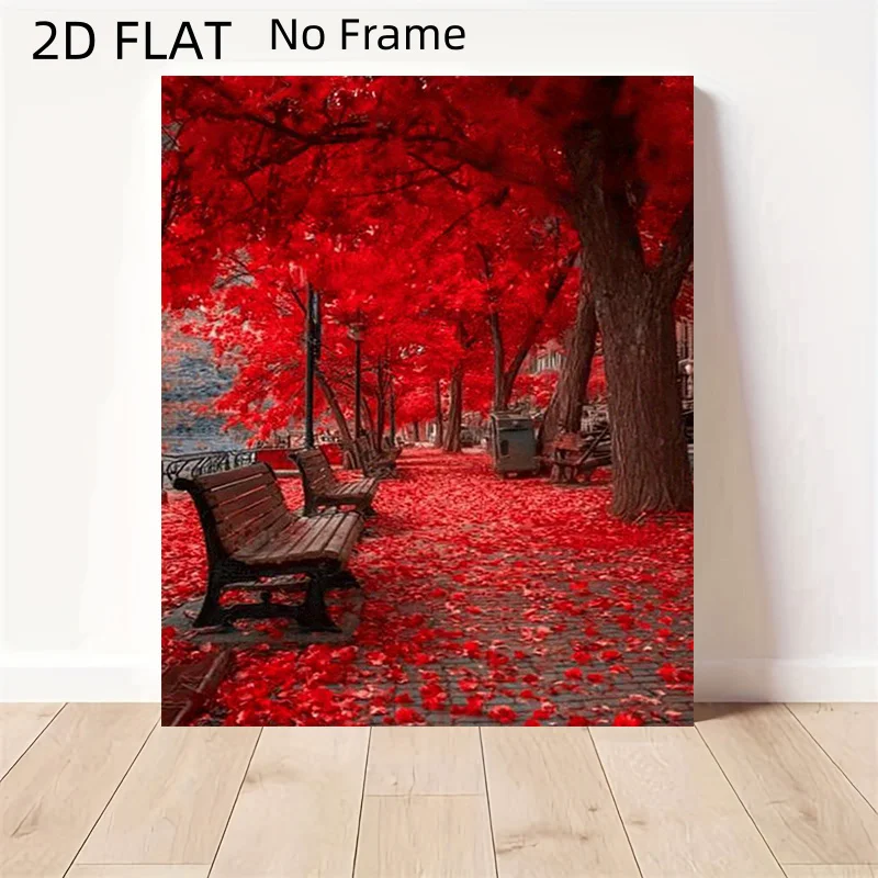 2D Flat, 2D Flat No Frame Autumn Falling Leaves Canvas Art - Red Maple Trees Shedding Leaves, Vibrant Autumn Scenery Wall Dec