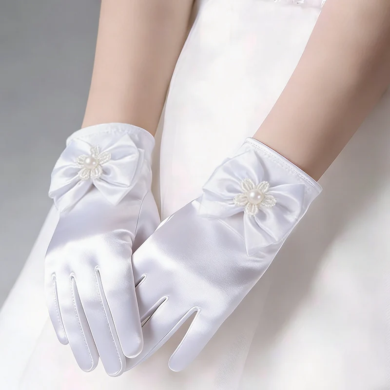 Children Aged 4-12 Years Old Gloves with Satin Satin Bow Flower Princess Birthday Etiquette Stage Performance Gloves
