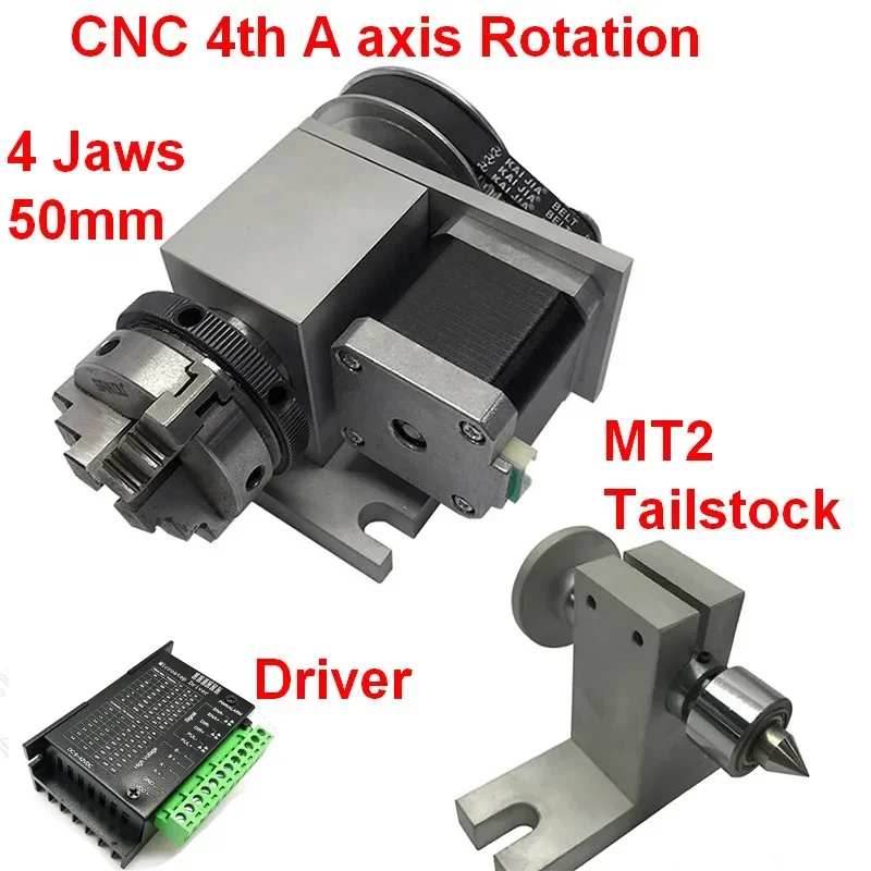 

CNC A axis rotation 4 jaws Sanou K02-50 2" chuck 4th 4 axis rotary&driver&MT2 Tailstock For Router Woodworking Engraving