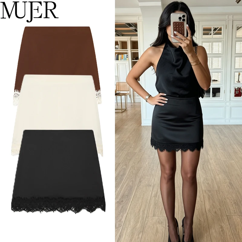 

MUJER Lace Skirt Shorts Black Satin Elegant Skirts For Women Summer 2026 Sexy White Skirt Pants Women's Vintage Brown Mini Skirt