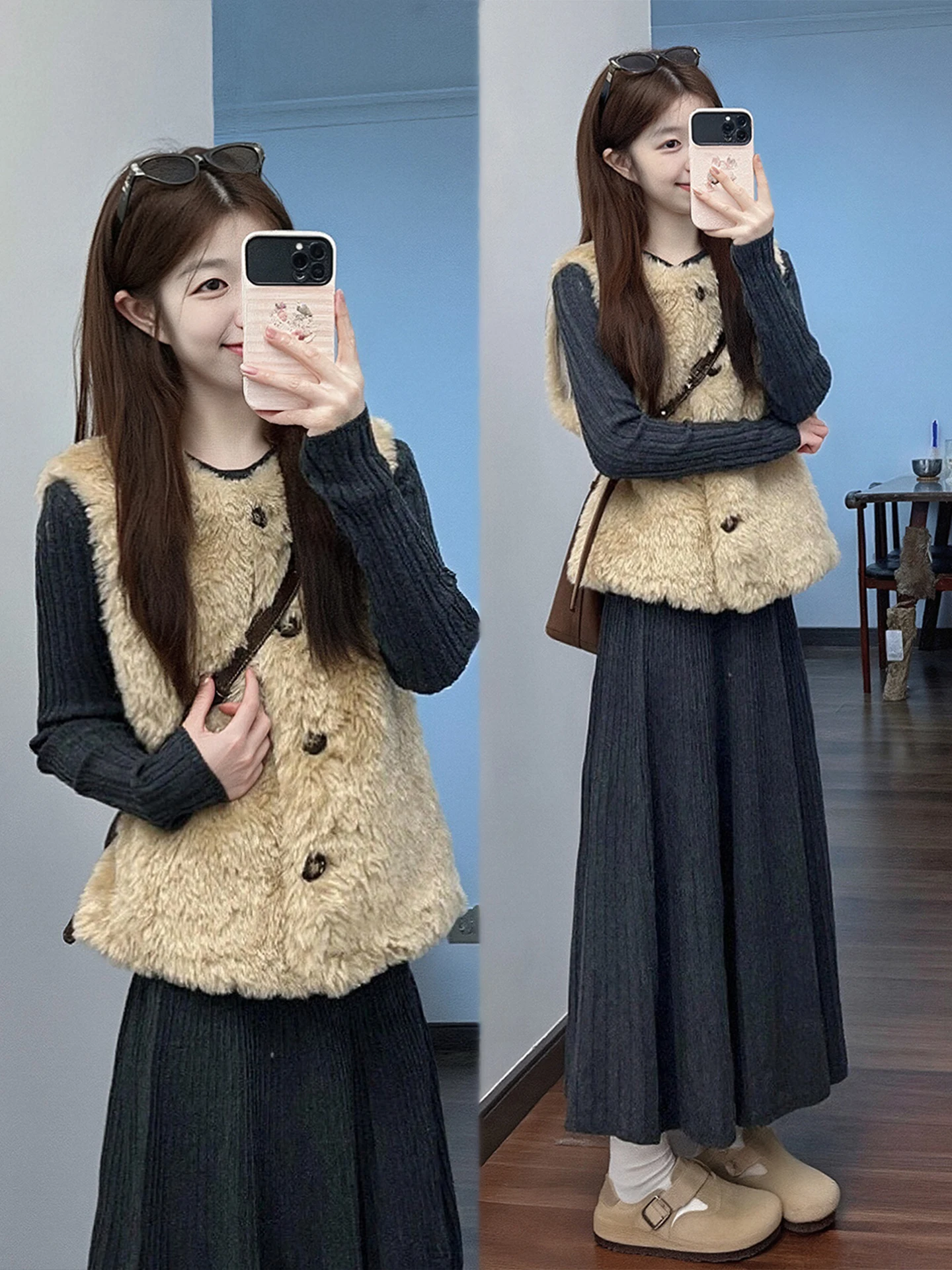 

Winter Faion plus Size Women's Tee-Piece Set with Furry Vest Knitted Sweater And Skirt Casual Warm Comfortable Ensemble