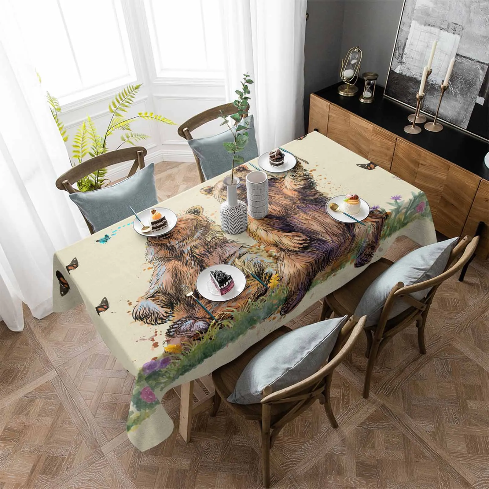 

Bear Painting Butterfly Grassland Nature Anti-scalding Waterproof Tablecloth Rectangular Round Table Cover Kitchen Furnishings