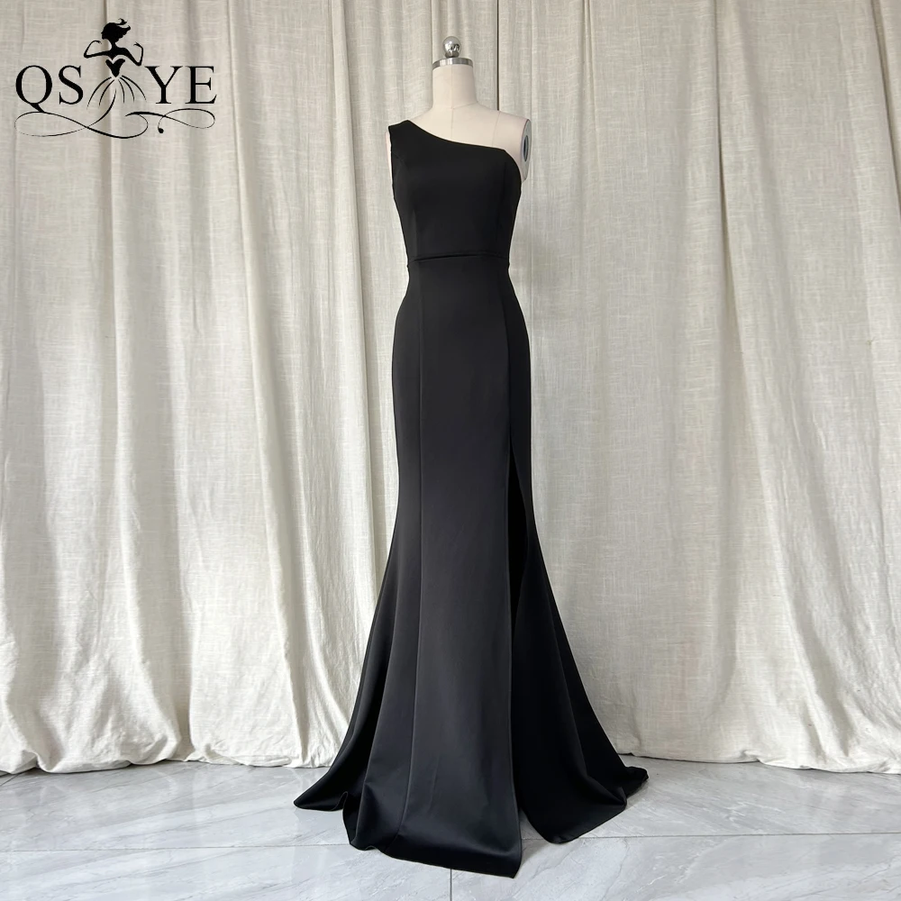 One Shoulder Simple Black Evening Dresses Mermaid Long Prom Gown Sexy Open Split Elastic Satin Plain Women Party Formal Dress